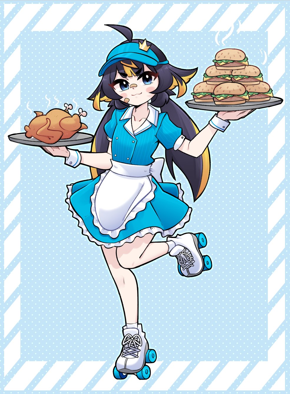 1girl, ahoge, apron, back_bow, black_hair, blue_background, blue_dress, blue_hat, bow, burger, carhop, chicken_(food), commentary, crown_hair_ornament, dress, food, frilled_apron, frilled_dress, frills, full_body, hair_ornament, hat, highres, holding, holding_tray, indie_virtual_youtuber, konan_exe, leg_up, long_hair, looking_at_viewer, outside_border, penguin_girl, roller_skates, shoes, short_sleeves, skates, spanish_commentary, standing, standing_on_one_leg, striped_border, toko_(vtuber), tray, virtual_youtuber, visor_cap, waist_apron, waitress, white_shoes, white_wrist_cuffs, wrist_cuffs