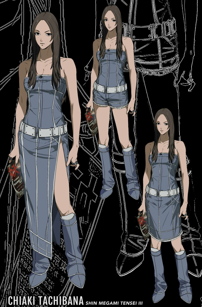 1girl, adapted_costume, amikoiiko, belt, black_background, brown_hair, character_name, closed_mouth