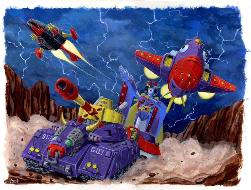 aircraft, artist_name, clouds, cloudy_sky, commentary_request, cow_horns, dust, flying, geisha, geisha_robo, highres, horns, lightning, mecha, military_vehicle, mizutani_kenta, motor_vehicle, nihongami, no_humans, open_mouth, outdoors, robot, sashimi_marine, science_fiction, sky, sukiyaki_tank, tank, tempura_fly, tengai_makyou, tengai_makyou_daiyon_no_mokushiroku, vehicle_focus, yellow_eyes