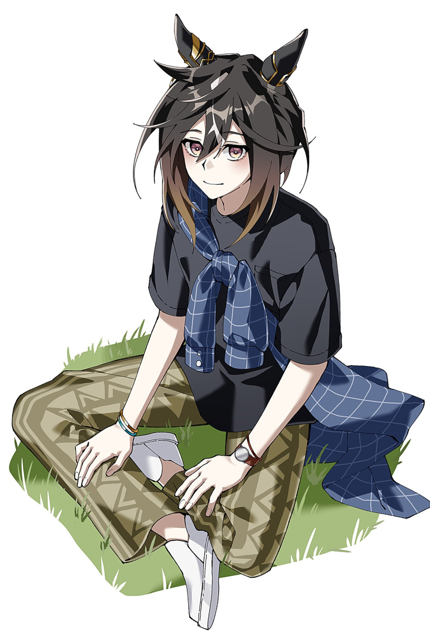 1girl, animal_ears, black_hair, black_shirt, blue_shirt, blush, bracelet, brown_eyes