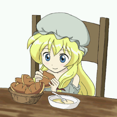1girl, blonde_hair, blue_eyes, bowl, bread, chair, commentary_request, cosette_(les_miserables)