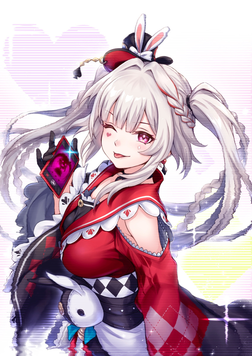 1girl, ;p, animal_ears, armpit_crease, braid, breasts, cellphone, clothing_cutout