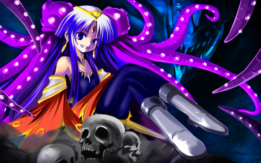 blue_eyes, blue_hair, boots, culdcept, earrings, endaness, fabel, forehead_jewel