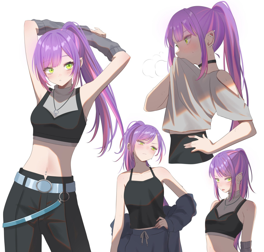 1girl, alternate_costume, alternate_hairstyle, arm_warmers, armpits, arms_behind_head, arms_up, averting_eyes