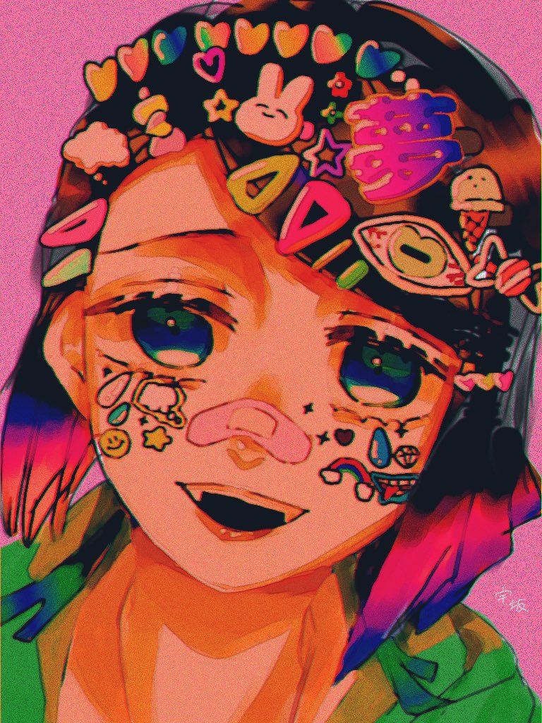 1boy, :d, artist_name, asymmetrical_bangs, bandaid, bandaid_on_face, bandaid_on_nose, black_hair, blue_eyes, candy_hair_ornament, chromatic_aberration, cloud_hair, colored_tips, demon_boy, diamond_(shape), diamond_facial_mark, enmu_(kimetsu_no_yaiba), eye_hair_ornament, facial_mark, fangs, food-themed_hair_ornament, green_hoodie, hair_ornament, hairclip, heart, heart_facial_mark, heart_hair_ornament, hood, hood_down, hoodie, ice_cream_hair_ornament, kanji_hair_ornament, kimetsu_no_yaiba, looking_at_viewer, male_focus, medium_hair, multicolored_hair, open_mouth, parallel_hairclips, pink_background, portrait, rabbit_hair_ornament, rainbow_sticker, raised_eyebrows, red_lips, signature, smile, smiley_face, solo, sparkle_facial_mark, star_(symbol), star_facial_mark, star_hair_ornament, sticker, sticker_on_face, teardrop_facial_mark, too_many_hair_ornaments, too_many_stickers, trap, triangle_hair_ornament, usaka