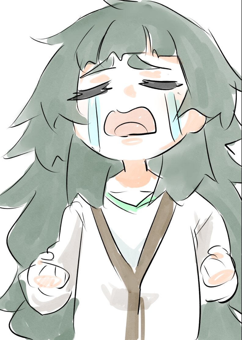 1girl, blunt_bangs, collar, commentary_request, crying, dress, green_collar, green_dress