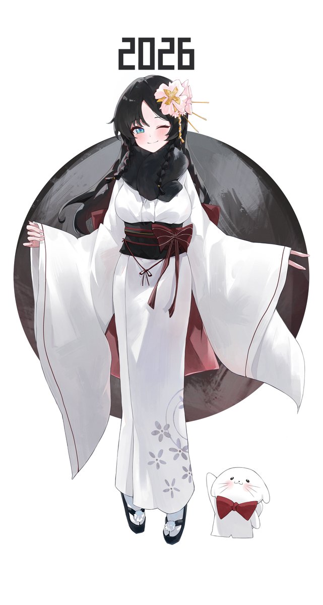 1girl, 2026, black_hair, black_scarf, blue_eyes, bow, closed_mouth, commentary_request