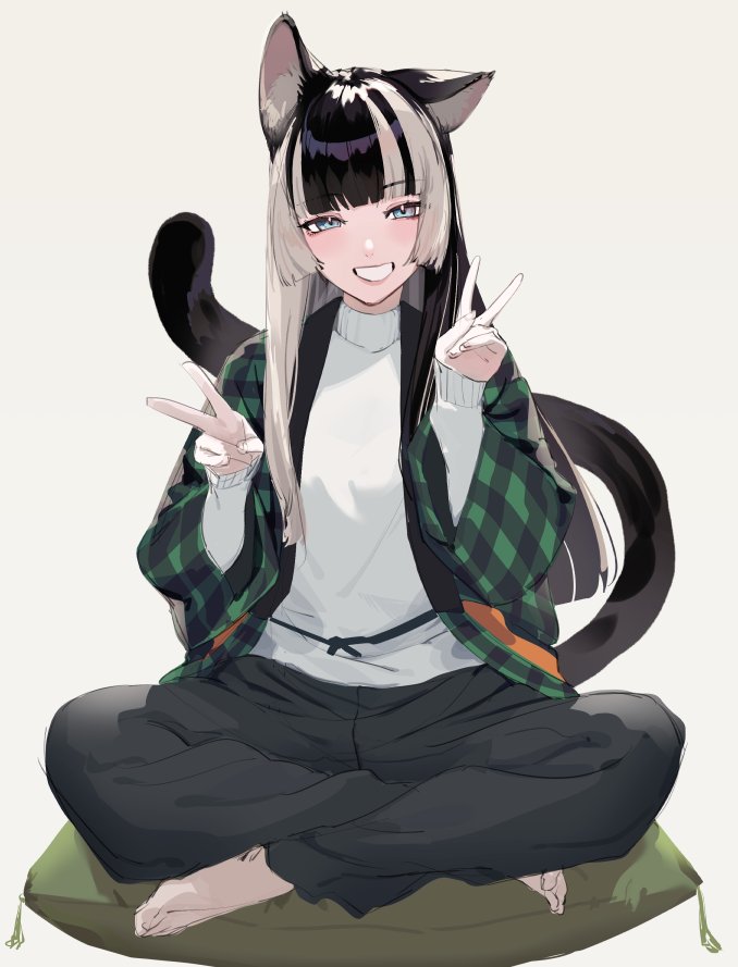 1girl, alternate_costume, animal_ears, barefoot, black_hair, black_pants, blue_eyes, blunt_bangs