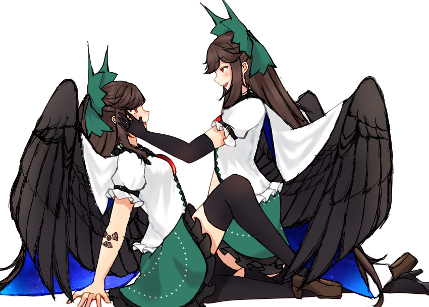 2girls, :d, absurdres, arm_belt, asymmetrical_footwear, belt, bird_girl, bird_wings