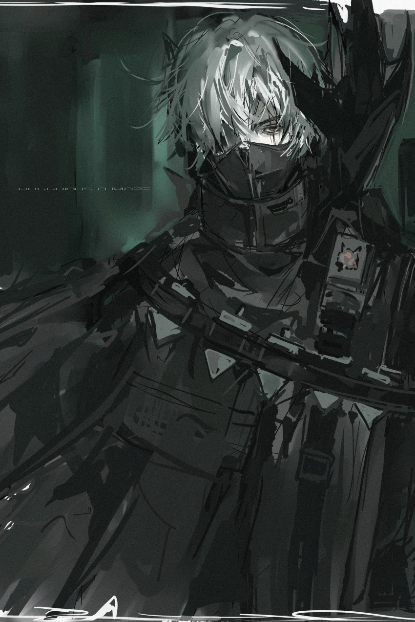 1boy, 1dtjg00jjc86253, absurdres, ammunition_belt, black_cloak, black_jacket, black_mask, cloak