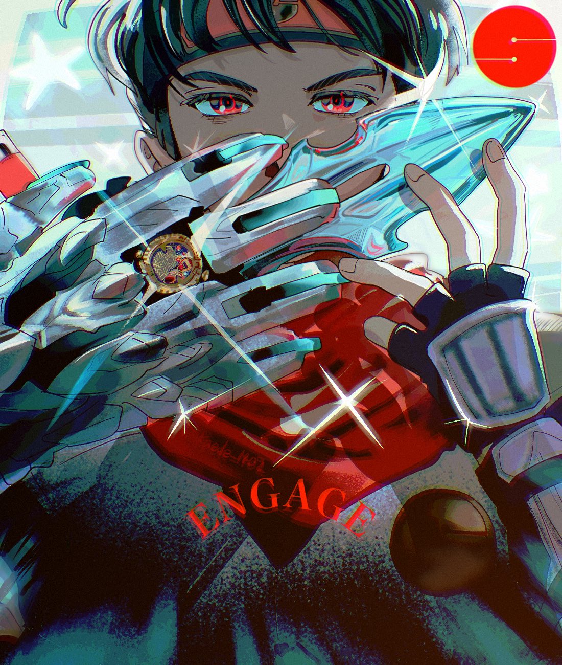 1boy, black_gloves, black_hair, commentary_request, english_text, fingerless_gloves, forehead_protector, gloves