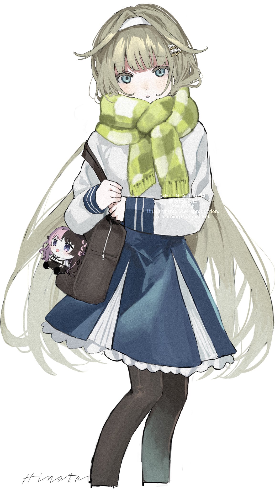 1girl, artist_name, bag, bag_charm, black_pantyhose, blue_eyes, blue_skirt, blunt_bangs