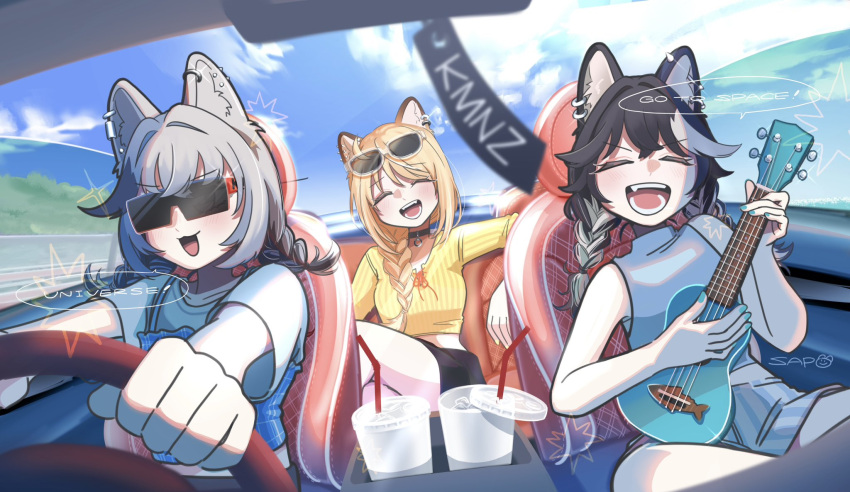3girls, :3, :d, ^_^, animal_ear_piercing, animal_ears, artist_name, black_choker