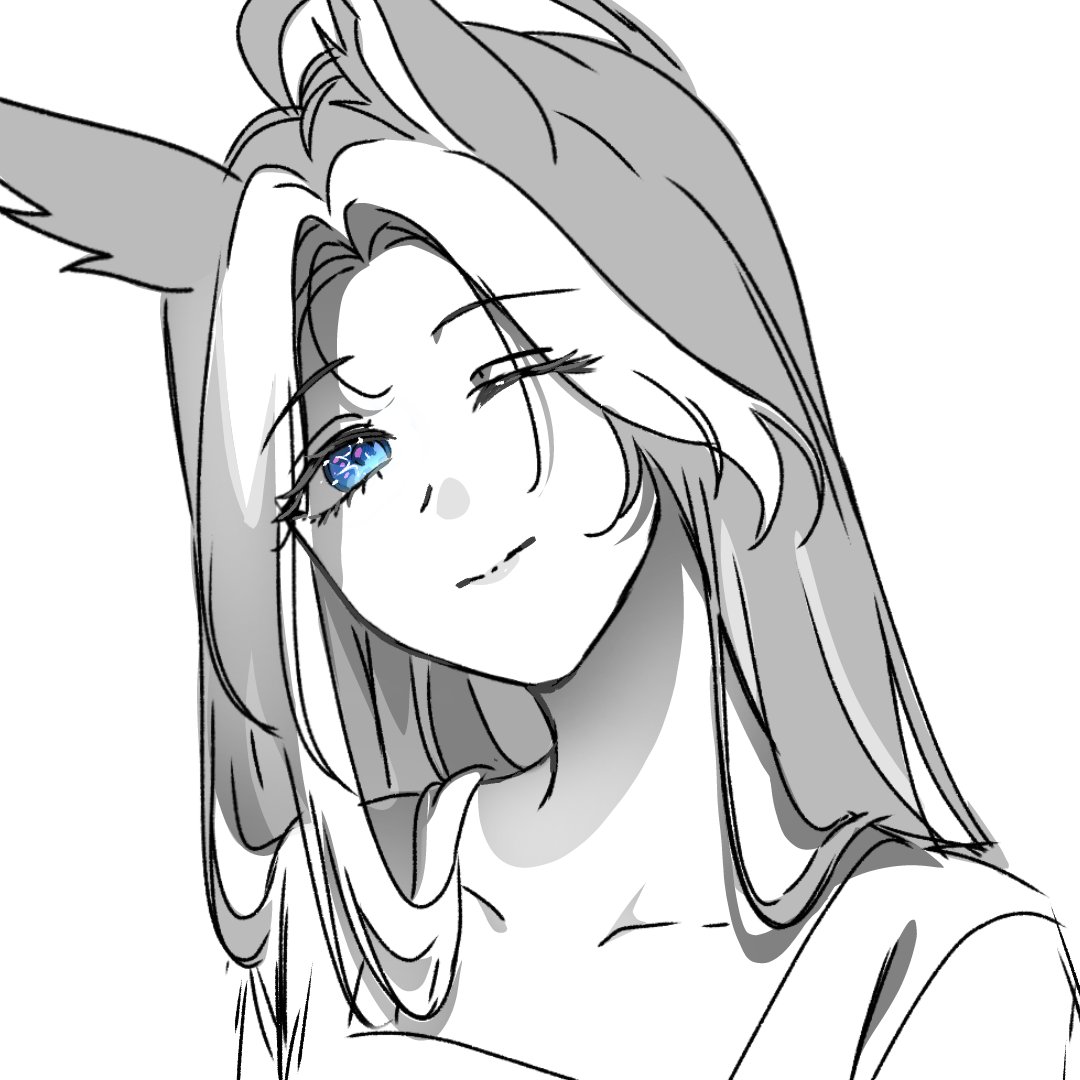 1girl, blue_eyes, collarbone, gradient_eyes, greyscale, light_smile, long_hair, monochrome, multicolored_eyes, multicolored_hair, one_eye_closed, oriental_art_(racehorse), orientala75259, sleeveless, spot_color, two-tone_hair, umamusume