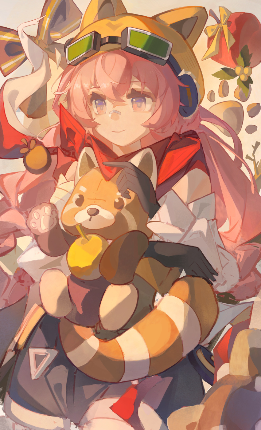 1girl, absurdres, animal, animal_hat, apple, bandaid, bandaid_on_face, bandaid_on_nose