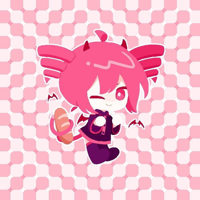 1girl, baguette, bax-2, bread, checkered_background, chibi, chibi_only, commentary