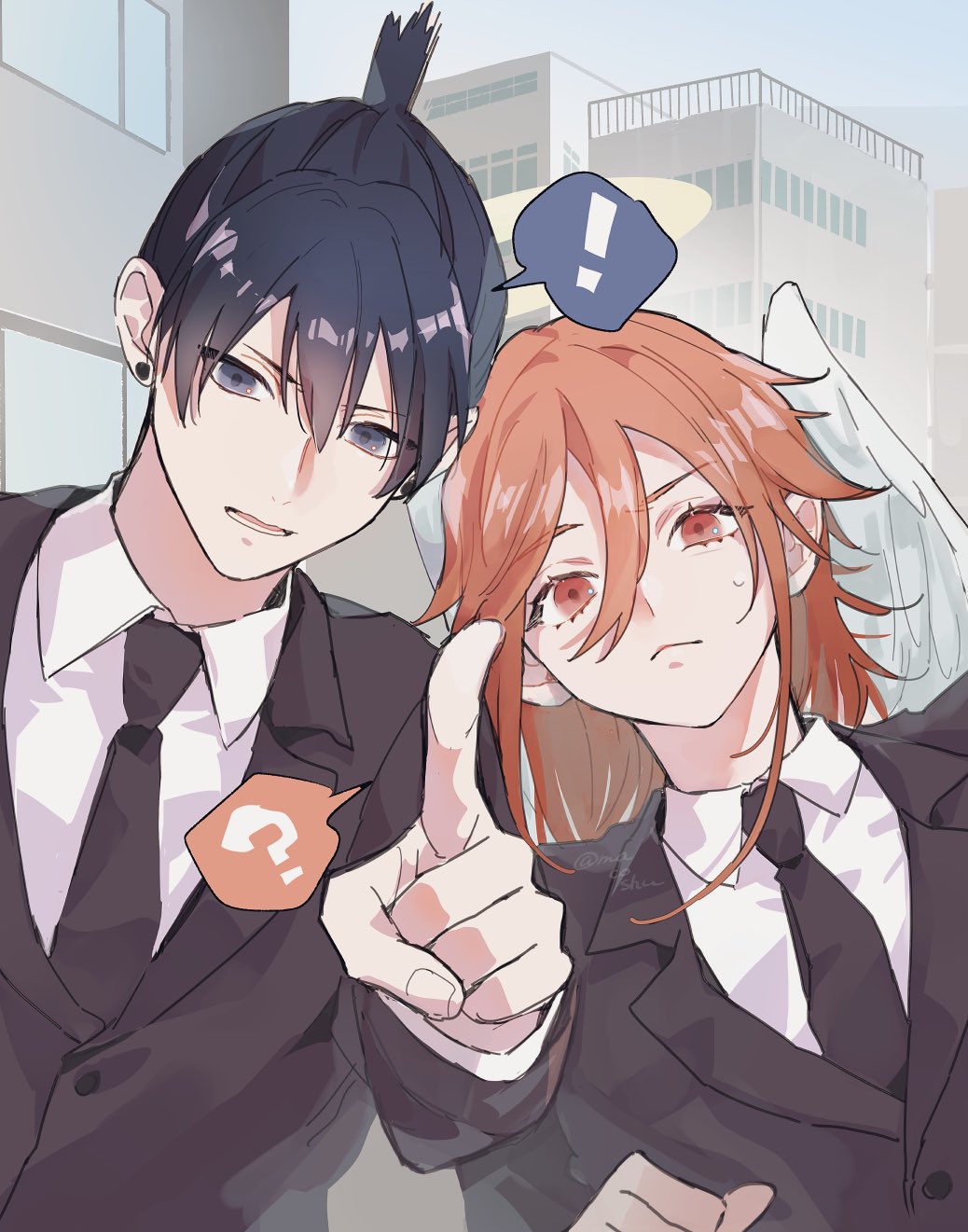 !, 2boys, ?, angel_devil_(chainsaw_man), angel_wings, black_hair, black_jacket, black_necktie