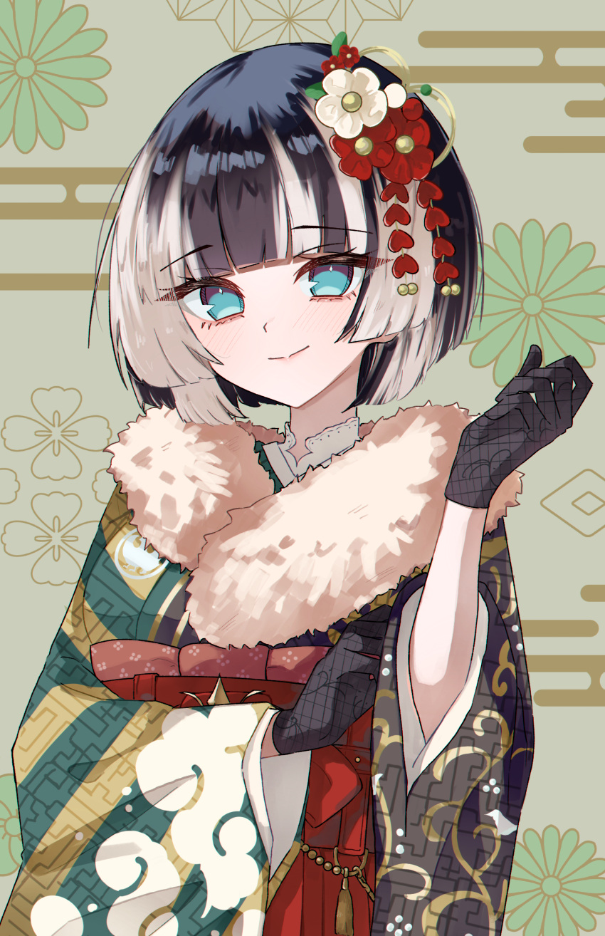 1girl, absurdres, black_gloves, black_hair, black_kimono, blue_eyes, blunt_bangs, bob_cut