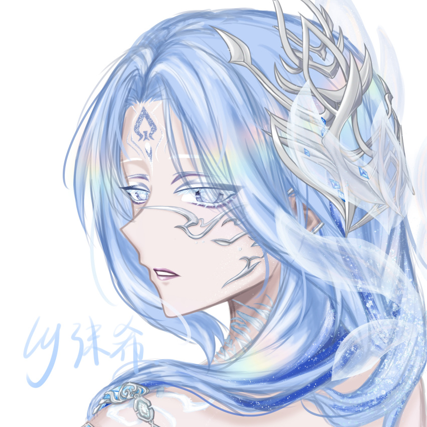 1girl, absurdres, bare_shoulders, blue_eyes, blue_hair, blue_pupils, born_flawless_(infinity_nikki), chinese_commentary, colored_eyelashes, commentary_request, eyes_visible_through_hair, eyeshadow, facepaint, grey_eyeshadow, hair_over_shoulder, highres, infinity_nikki, light_particles, lipstick, long_hair, looking_at_viewer, lymoxi10444, makeup, nikki_(series), parted_lips, pointy_nose, purple_lips, rainbow, scale_hair_ornament, signature, simple_background, solo, upper_body, very_long_hair, white_background