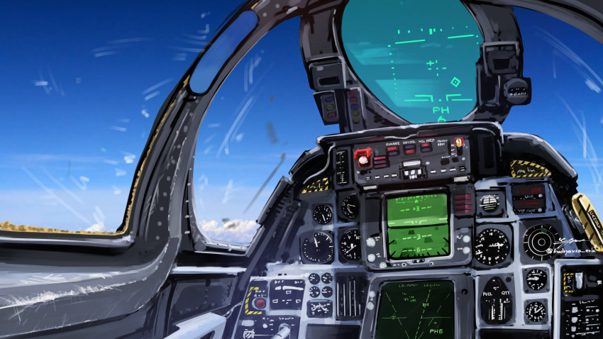 absurdres, aircraft, airplane, artist_name, blue_sky, buttons, canopy_(aircraft), clouds
