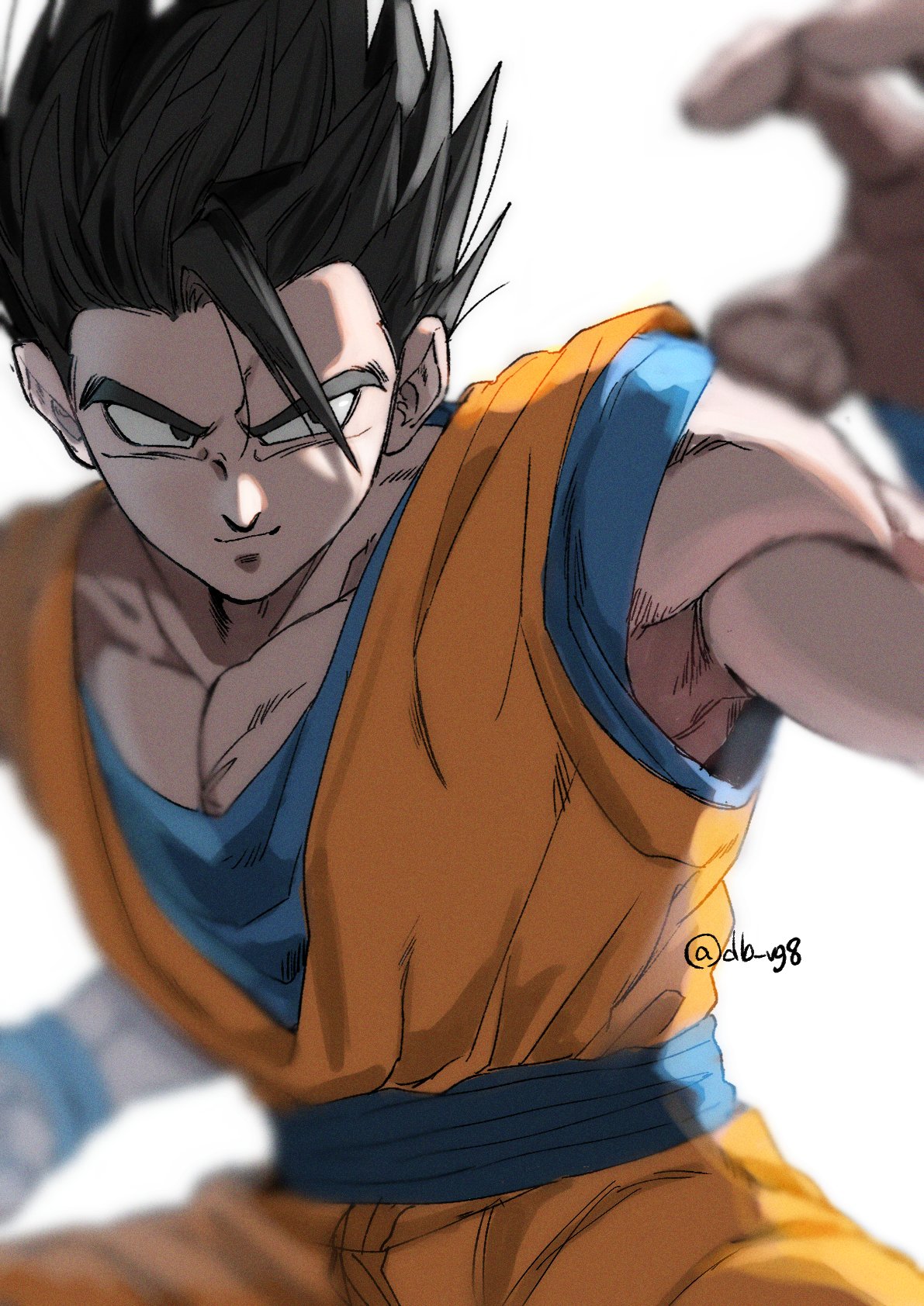 1boy, black_eyes, black_hair, blurry, blurry_background, blurry_foreground, closed_mouth, db_vg8