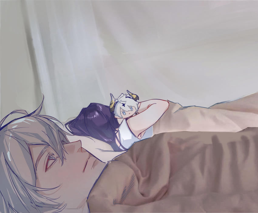 00quanta, 1boy, 1girl, 500_dollar_four_foot_tall_mareep_(meme), bed_sheet, blue_eyes, character_doll, chinese_commentary, closed_mouth, couple, doll, from_above, hair_between_eyes, hair_down, hetero, highres, honkai_(series), honkai_impact_3rd, hugging_object, indoors, kevin_kaslana, kevin_kaslana_(diabolic), looking_up, lying, mei_(honkai_impact), meme, on_back, purple_hair, shade, short_sleeves, upper_body, white_hair