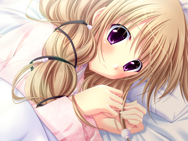 1girl, bed, bed_sheet, blonde_hair, blush, choco_chip, clenched_hand, game_cg
