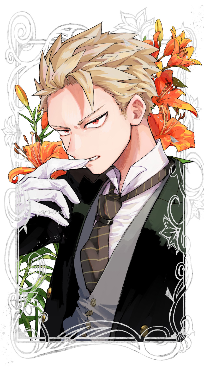 1boy, absurdres, alternate_costume, alternate_hairstyle, bakugou_katsuki, blonde_hair, boku_no_hero_academia, collared_shirt