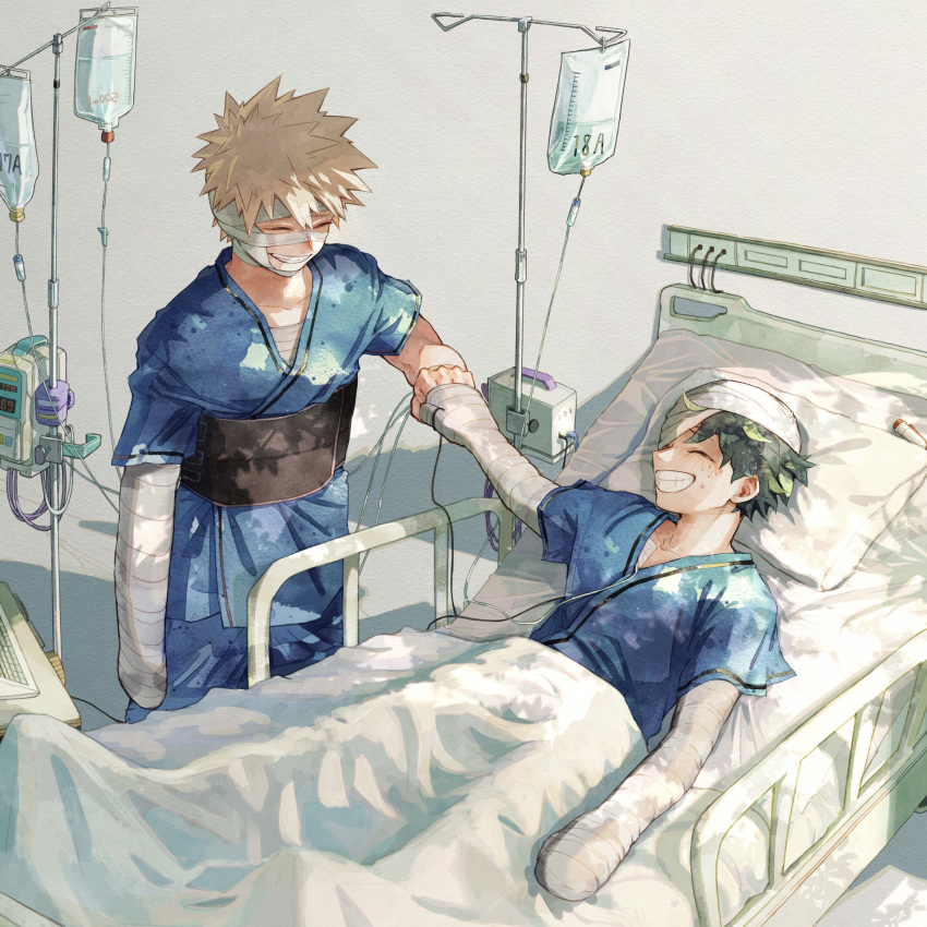 2boys, absurdres, bakugou_katsuki, bandaged_arm, bandaged_head, bandages, bed, blonde_hair