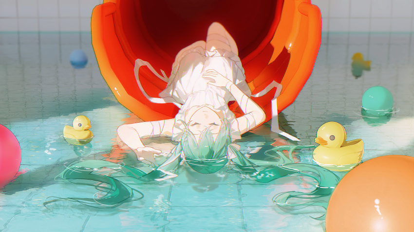 1girl, absurdres, aqua_hair, ball, bandaged_arm, bandages, closed_eyes, closed_mouth