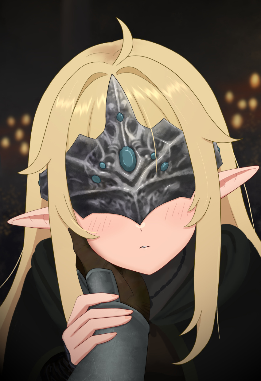 1girl, absurdres, ahoge, blindfold_mask, blonde_hair, blurry, blush, dark_souls_(series)