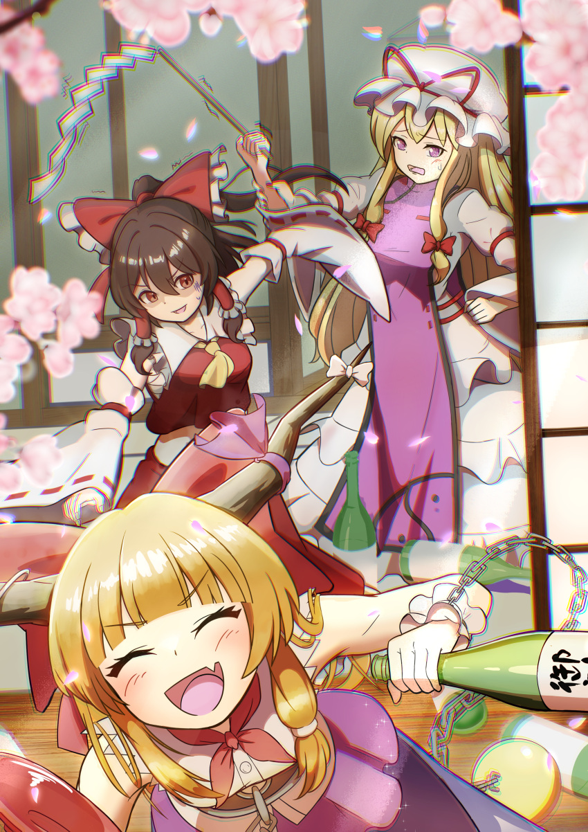 3girls, absurdres, angry, ascot, ball_and_chain_restraint, blonde_hair, bottle, bow, brown_hair, brown_horns, chain, cherry_blossoms, chromatic_aberration, closed_eyes, commentary_request, cup, detached_sleeves, dress, facing_viewer, fang, frilled_bow, frilled_hair_tubes, frills, gohei, hair_bow, hair_tubes, hakurei_reimu, hat, hat_ribbon, highres, holding, holding_another's_wrist, holding_bottle, holding_gohei, horns, ibuki_suika, long_hair, long_sleeves, moaikeidai2, mob_cap, multiple_girls, oni, open_mouth, purple_tabard, red_bow, red_eyes, red_ribbon, red_skirt, ribbon, ribbon-trimmed_sleeves, ribbon_trim, sakazuki, sake_bottle, skin_fang, skirt, skirt_set, smile, sweatdrop, tabard, touhou, violet_eyes, white_dress, white_hat, wrist_cuffs, yakumo_yukari, yellow_ascot