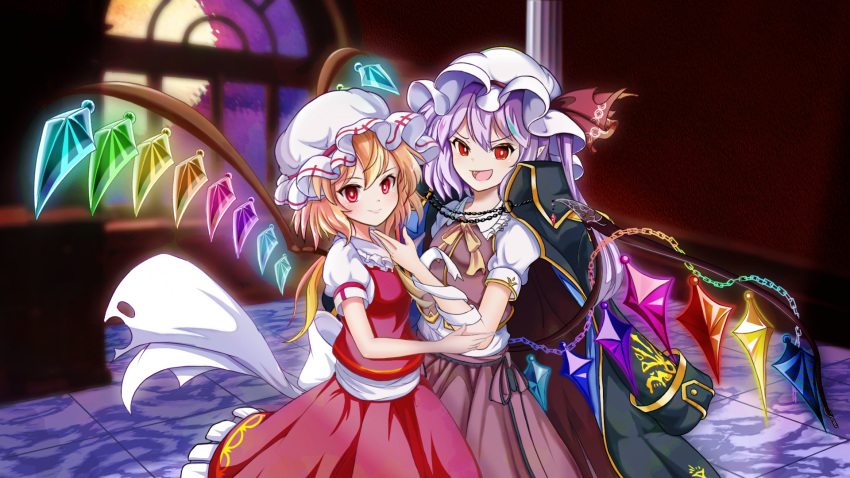 2girls, adapted_costume, alternate_hair_color, ascot, back_bow, bandaged_arm, bandages, black_coat, blonde_hair, bow, bowtie, chain, closed_mouth, coat, coat_on_shoulders, collared_shirt, commentary, crystal, crystal_wings, dual_persona, flandre_scarlet, flandre_scarlet_(vampire_pursuing_the_hunter), frilled_shirt_collar, frilled_skirt, frills, gold_trim, hat, highres, long_hair, looking_at_viewer, moaikeidai2, mob_cap, multicolored_wings, multiple_girls, one_side_up, open_mouth, puffy_short_sleeves, puffy_sleeves, purple_hair, rainbow_gradient, red_eyes, red_skirt, red_vest, shirt, short_sleeves, skirt, skirt_set, smile, touhou, touhou_lostword, vest, white_bow, white_hat, white_shirt, wings, yellow_ascot, yellow_bow, yellow_bowtie