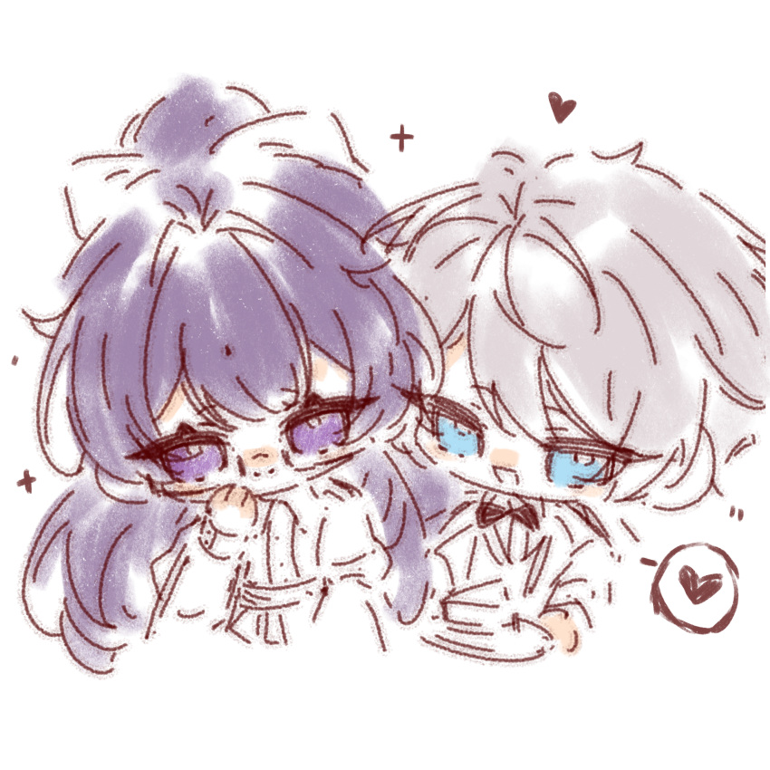 1boy, 1girl, blue_eyes, blunt_bangs, bow, bowtie, cake, cake_slice