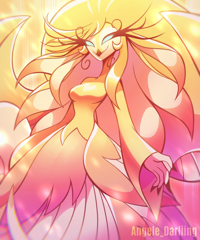 1girl, absurdly_long_hair, angele_darliing, beak, bird_girl, blonde_hair, blue_eyes, commentary, dress, english_commentary, feathers, furry, furry_female, hazbin_hotel, hellaverse, highres, long_eyelashes, long_hair, solo, speaker_of_god_(hazbin_hotel), very_long_hair, yellow_dress, yellow_feathers