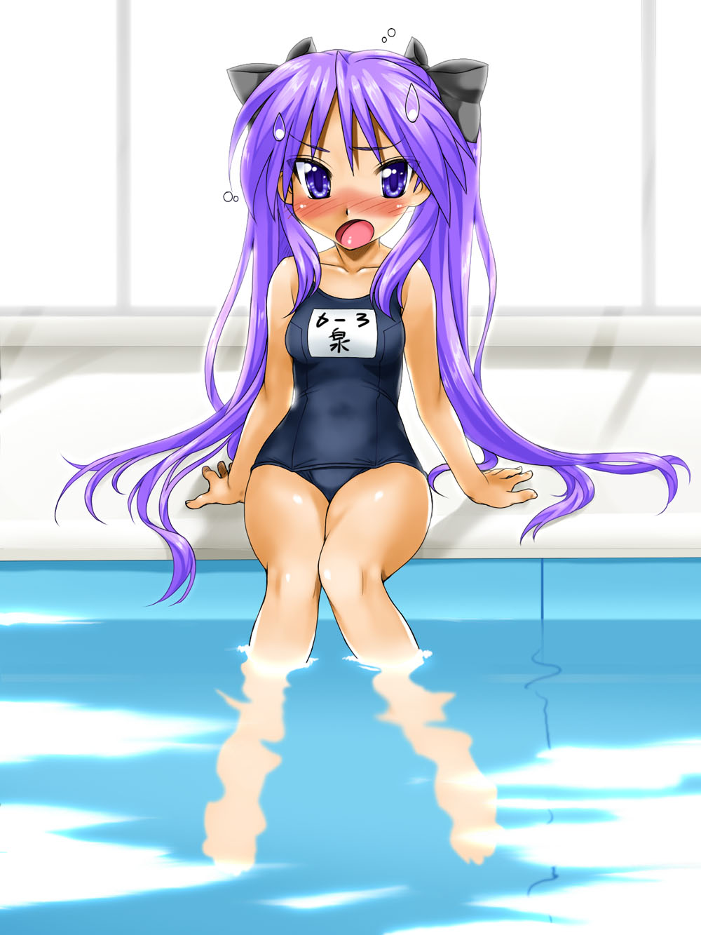 arm_support, bangs, barefoot, blue_eyes, bow, clothes_writing, clothing_writing, embarrassed