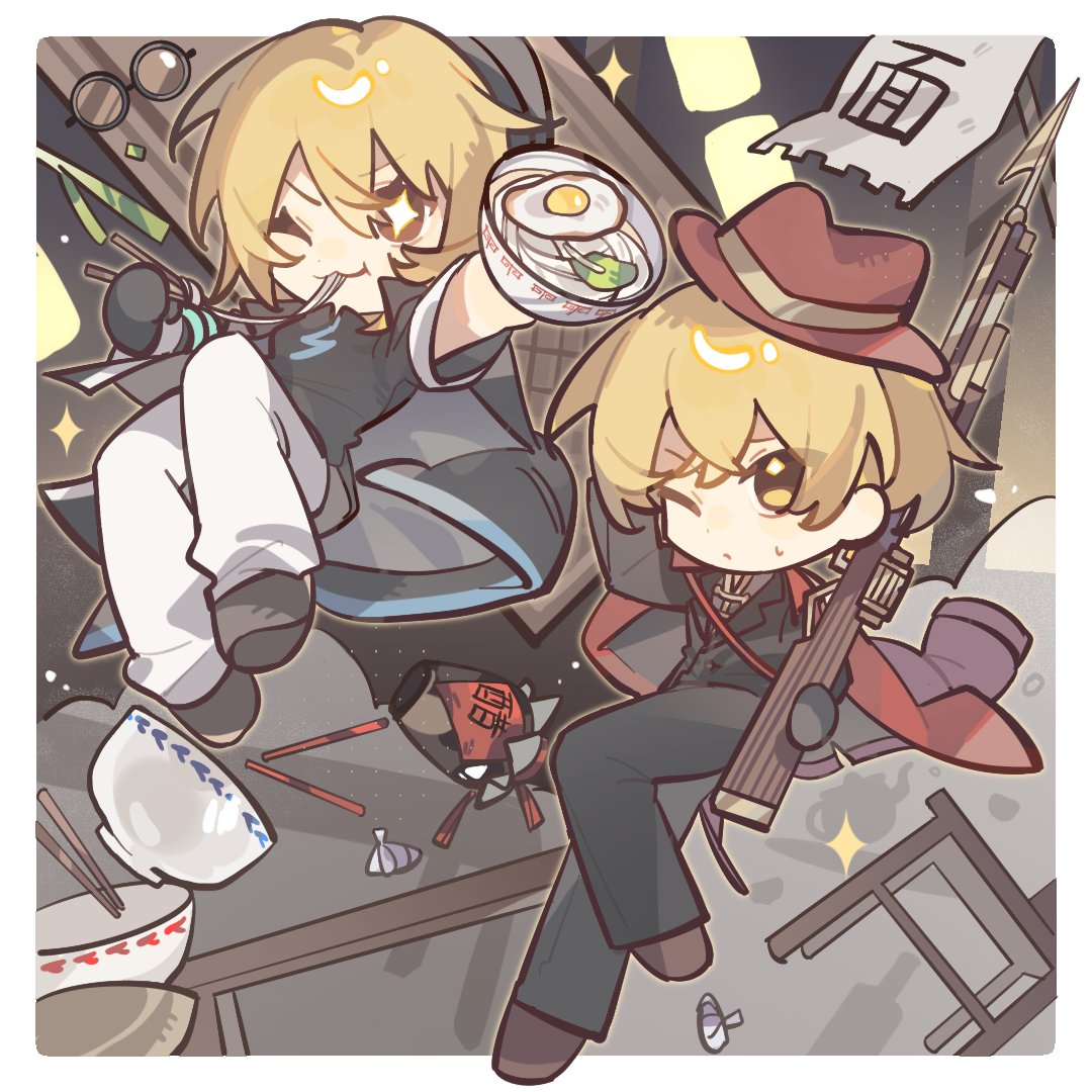 1boy, 1girl, black_gloves, black_suit, blonde_hair, bowl, chibi, chinese_clothes