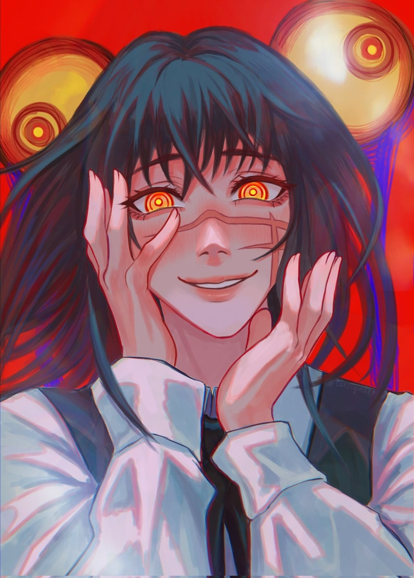 eyeball, hands_on_own_face, hands_up, red_background, school_uniform, smile, taestymaee, upper_body