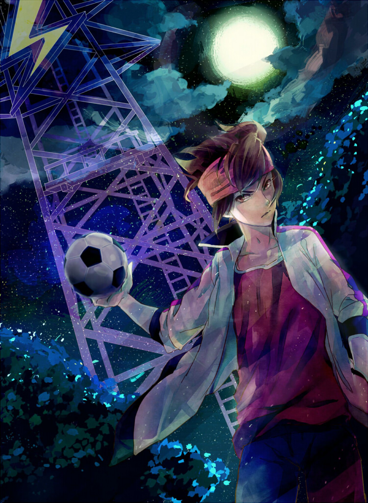 ball, brown_eyes, brown_hair, cloud, clouds, endou_mamoru, headband, inazuma_eleven