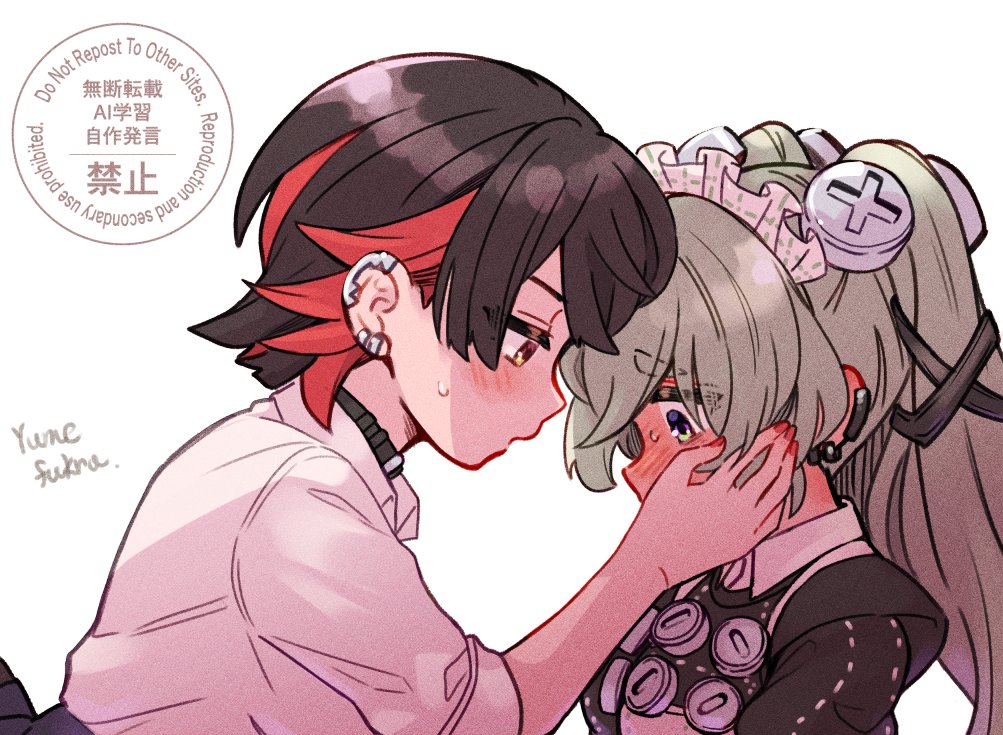 2girls, black_dress, black_hair, blush, collared_shirt, commentary_request, corin_wickes, dress