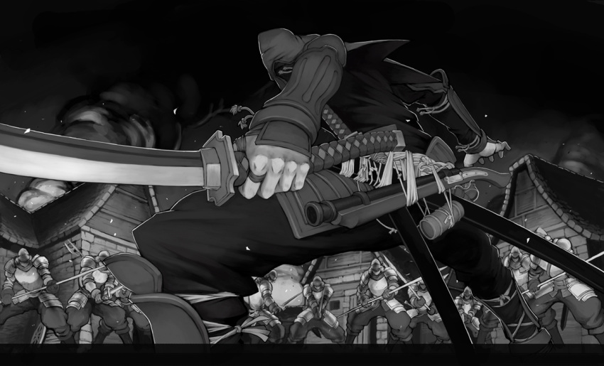 armor, artist_request, battle, blunderbuss, drifters, faulds, from_behind, from_below