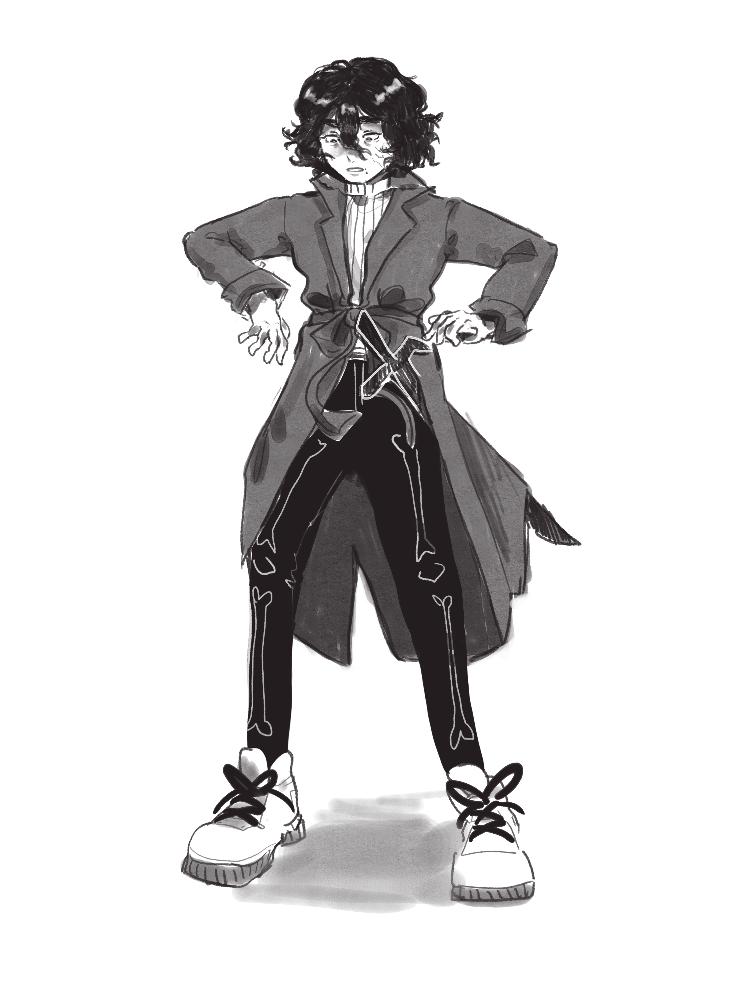 1boy, alternate_costume, black_hair, coat, contrapposto, curly_hair, full_body, hair_between_eyes, itsis0k, male_focus, nico_di_angelo, overcoat, percy_jackson_and_the_olympians, short_hair, skeleton_print, solo, standing, surprised, sweater, white_sweater