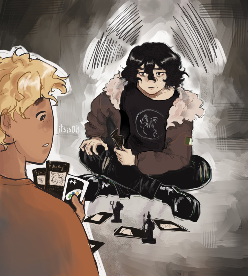 2boys, black_eyes, black_hair, black_shirt, blonde_hair, bright_pupils, brown_jacket, card_game