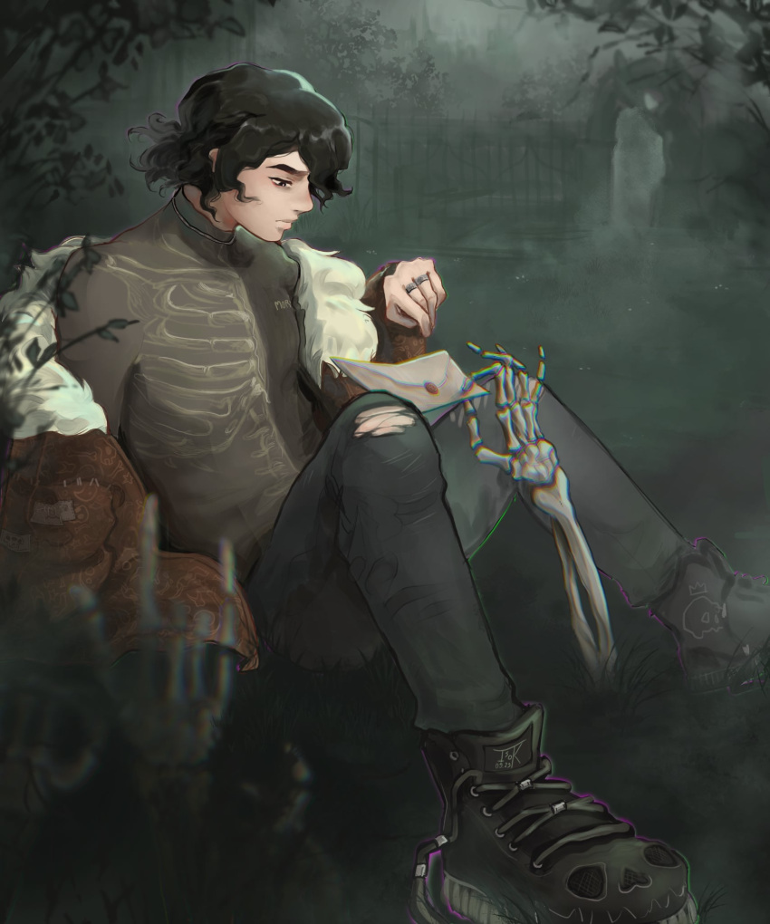 1boy, black_hair, black_shirt, brown_jacket, envelope, full_body, fur_trim, hand_up