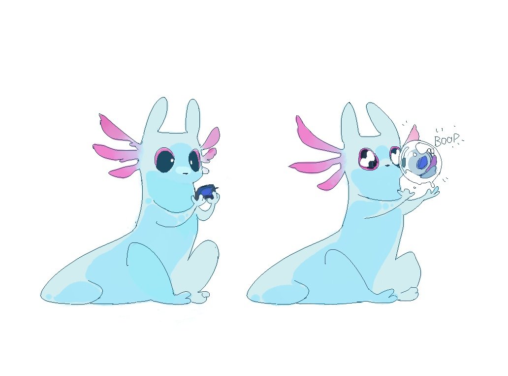 axolotl_ears, black_eyes, blue_skin, bubble_fruit_(rain_world), colored_sclera, colored_skin, commentary, creature