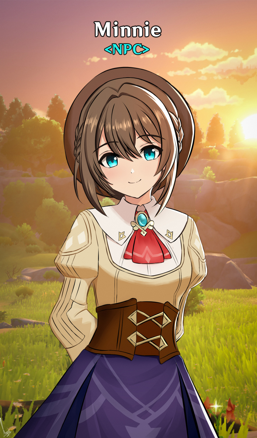 1girl, absurdres, abysssian, aqua_eyes, aqua_gem, arms_behind_back, ascot, blue_skirt