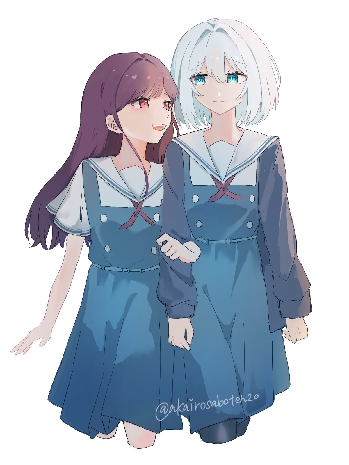 2girls, akairosaboten20, asaka_kaori, blue_dress, blue_eyes, brown_hair, commentary, dress