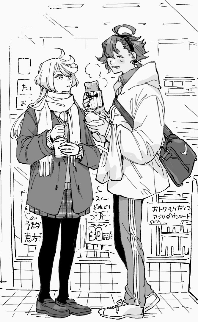 2girls, bag, closed_eyes, commentary_request, drink_pouch, food, greyscale, gundam