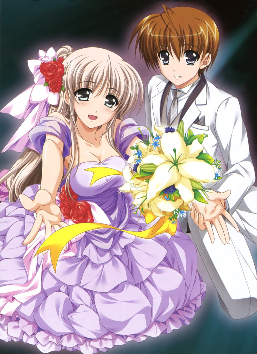ahoge, blonde_hair, bow, brown_hair, dress, fllowers, flower, hair_bow