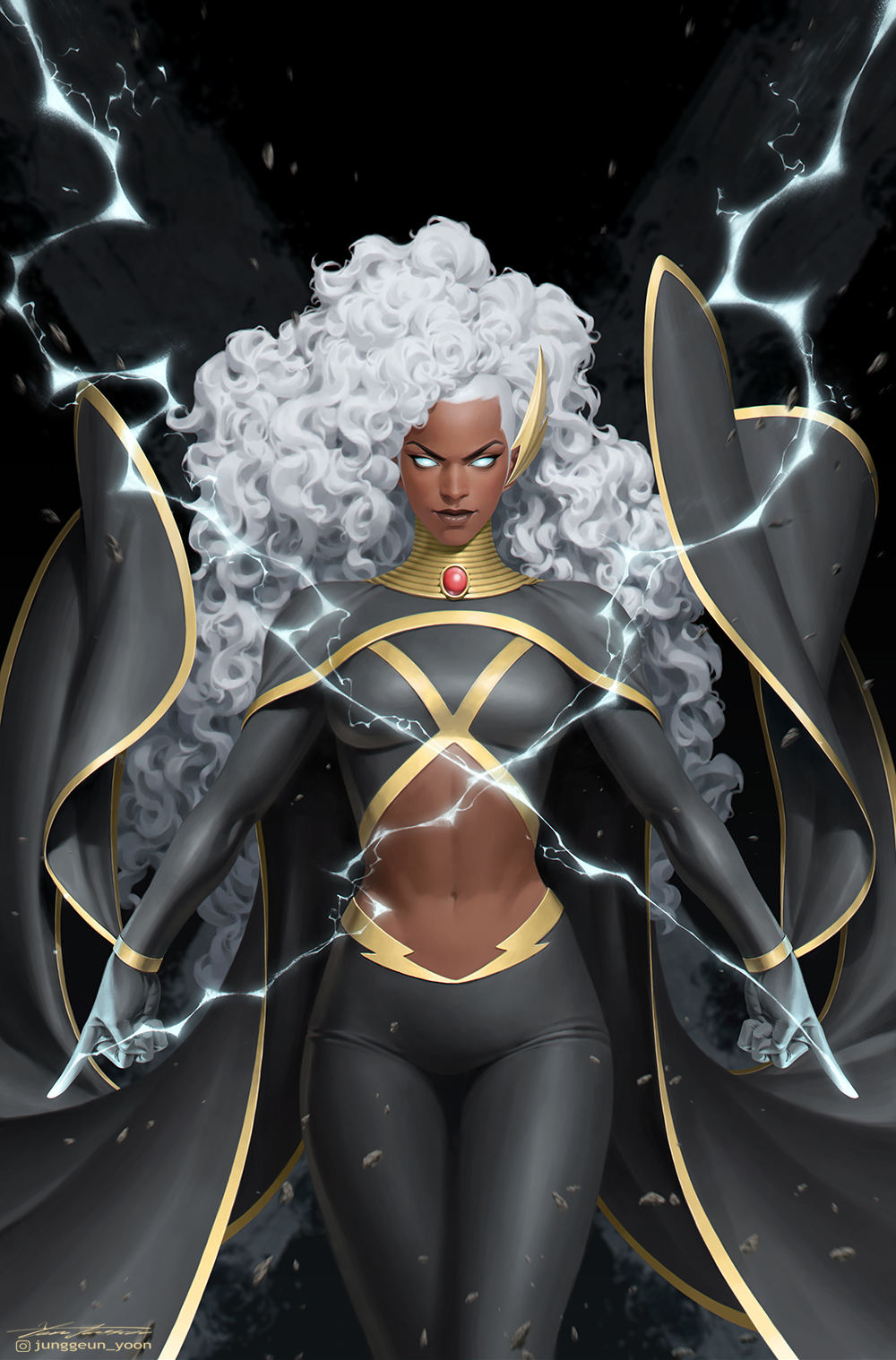 1girl, big_hair, black_background, black_cape, black_pants, breasts, cape, comic_cover